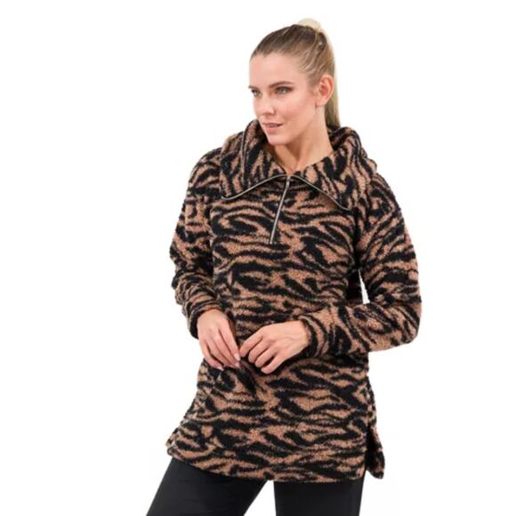 Cuddl Duds Women's XL Brown Zebra Print Curly Sherpa 1/2 Zip Pullover Sweater - Picture 1 of 8